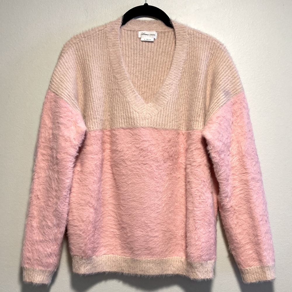 Revolve x Lovers and Friends Pink Dual-Tone Fuzzy V-Neck Sweater, Size M